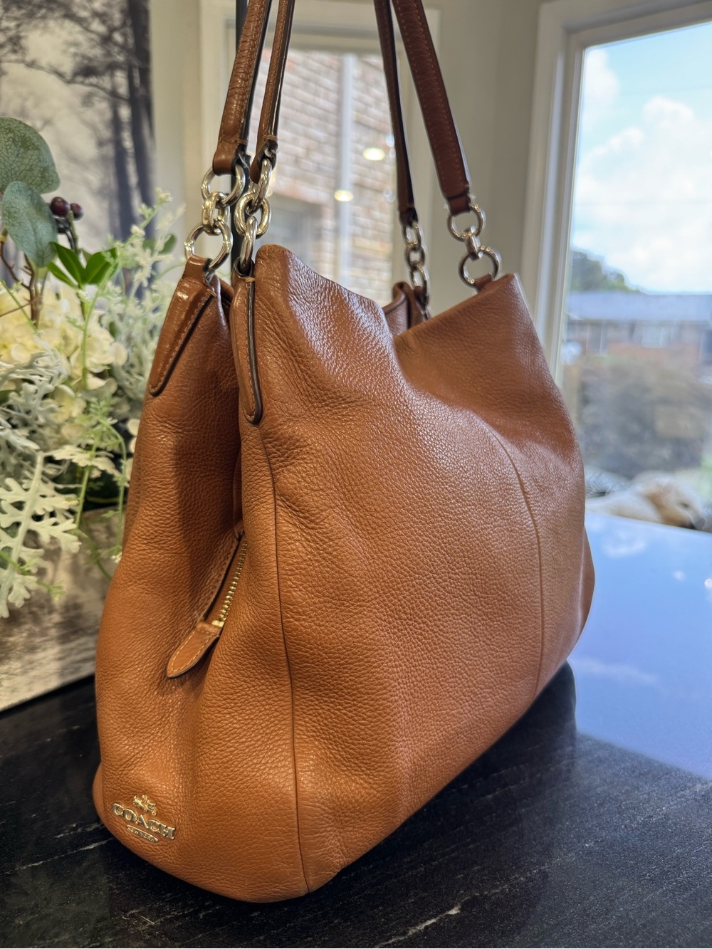 🤎Coach Phoebe Pebbled Leather Shoulder Tote Bag Cognac Brown